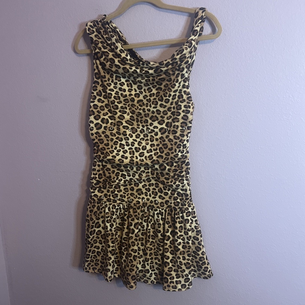 Another Story Y2K Leopard Print Ruched Grommet Mini Dress Shorts Size Large